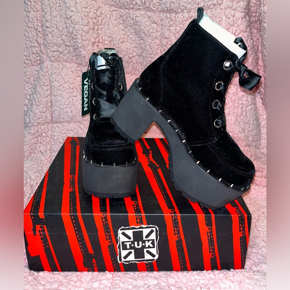 Limited Edition T.U.K Black Velvet Spiked Nosebleed Boot Platform Heel Emo Goth